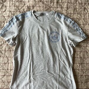 adidas Gray Tee with Pale Blue Trefoil and Shoulder Stripes